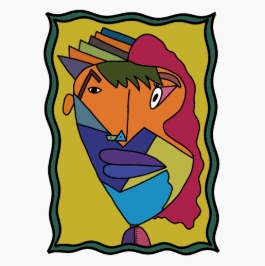 Ein Gesicht im Stil von Picasso, schräg, bunt und anatomisch nicht korrekt.