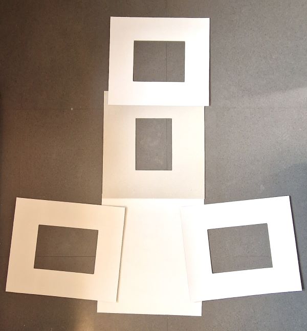Die DIY Fotobox (Lichtbox) besteht aus fünf Rechtecken. Das größte, ohne Ausschnitt für den Boden und vier kleinere Rechtecke mit Ausschnitt für die Seitenwände, die Oberseite und die Rückwand.